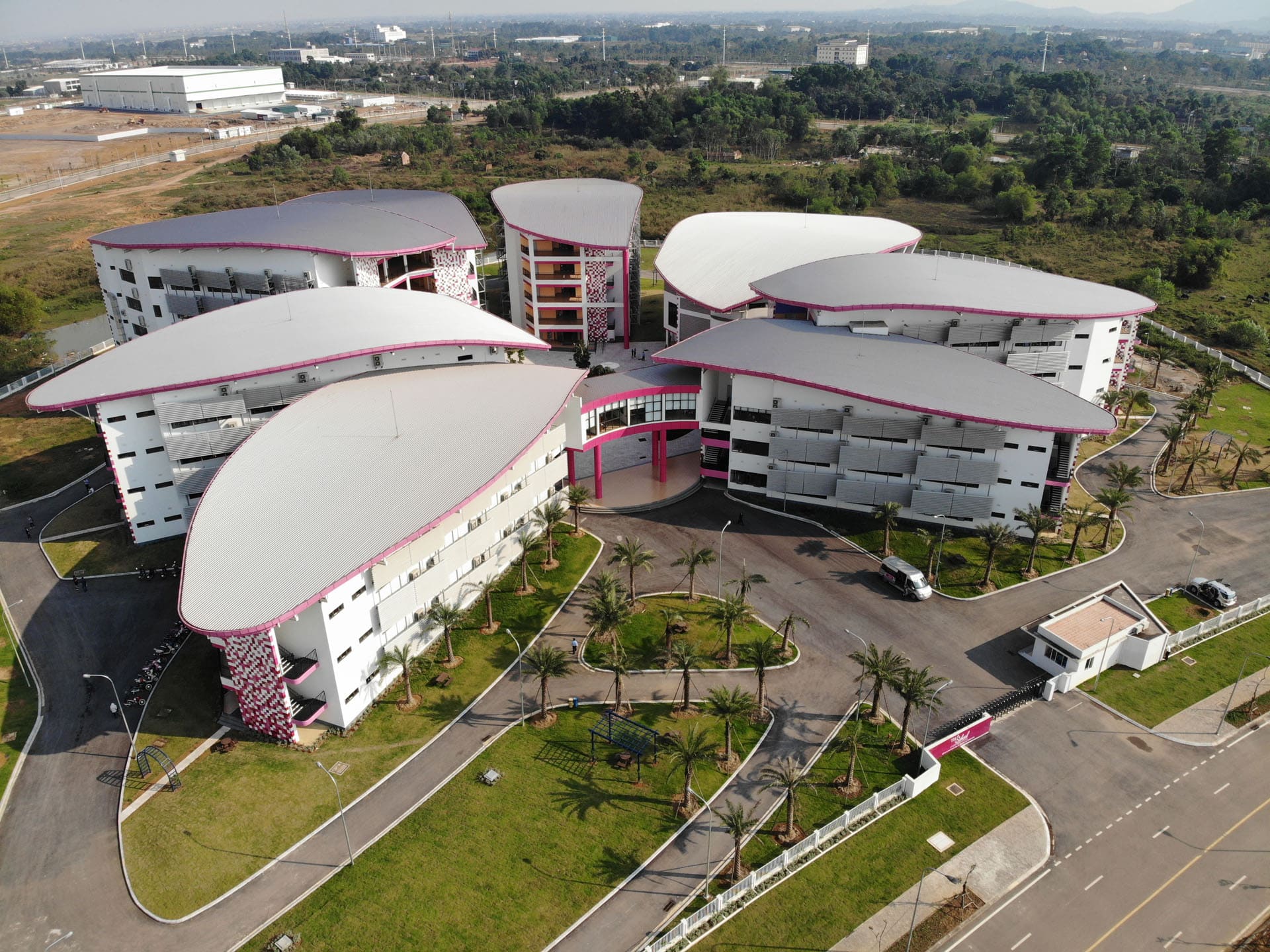 A panoramic view of the school from above.